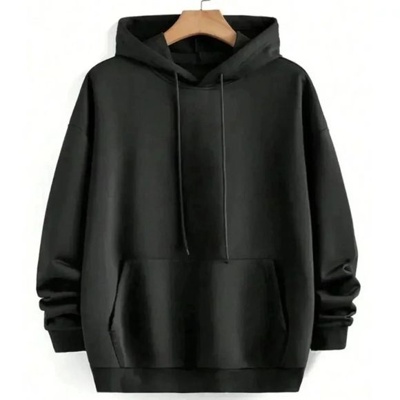 Plain Black  Pullover Hoodie Poly Blend Loose Fit Drawstrings Size Medium - Picture 4 of 6